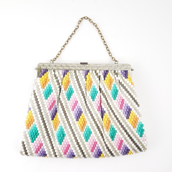Vintage Handbags - Unique Vintage Colorful Beaded Frame Clutch Bag